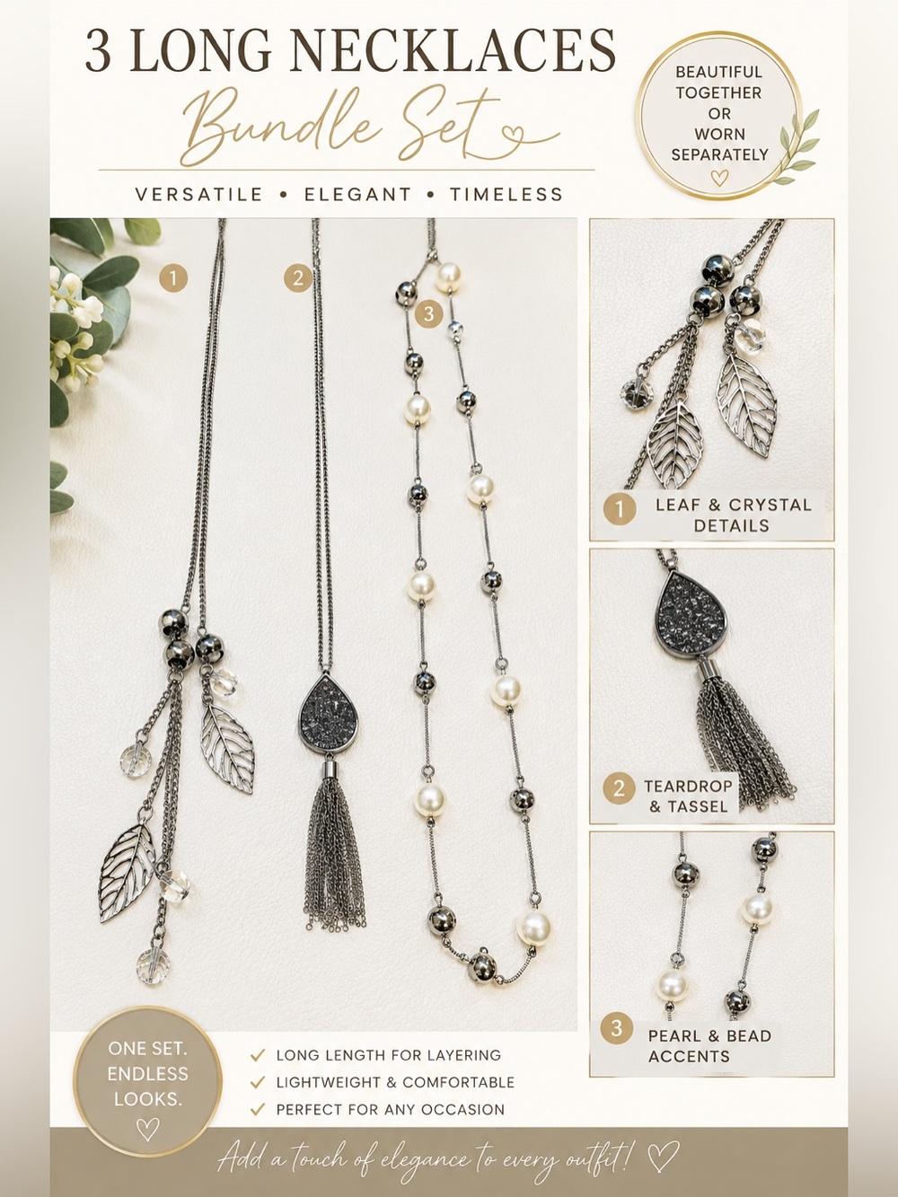 3  Long Necklace Bundle | Silver Tone, Pearls, Tassel & Leaf Charms (J-0016)